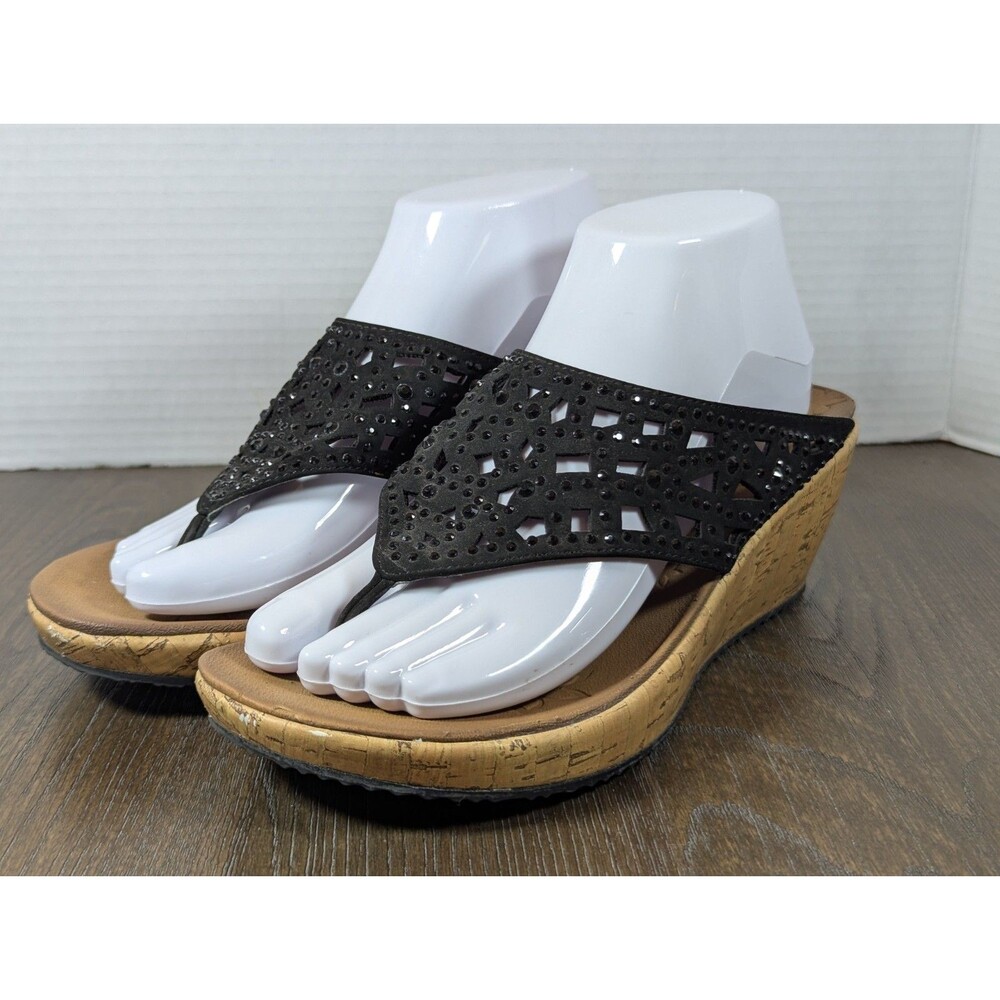 SKECHERS Beverlee Summer Visit Wedge Sandals Womens 8.5 Black Rhinestone Sparkle